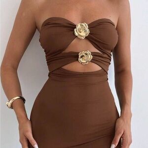 Elegant Brown Cut-Out Dress
